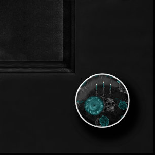 Bouton De Porte En Céramique Zodiac Magie   Turquoise foncé vert crâne gothique