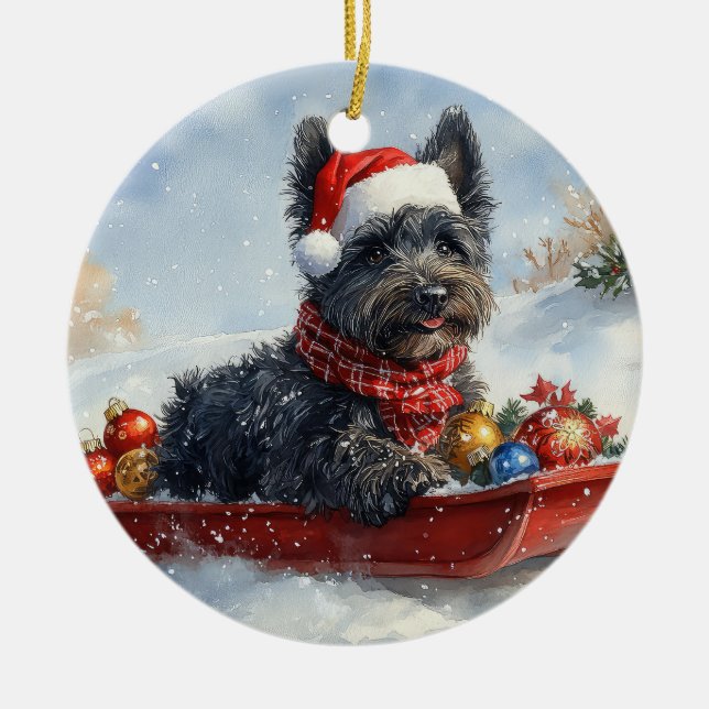Bouviers Des Flandres Dog in Sledge Weihnachten Keramik Ornament (Vorne)