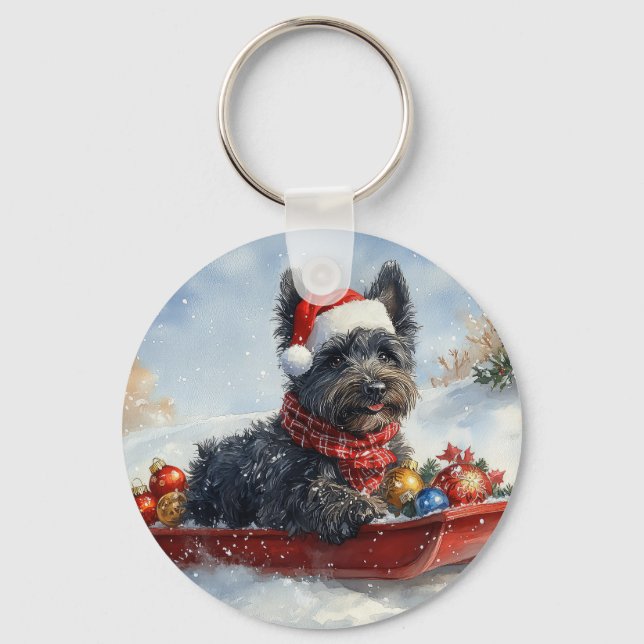 Bouviers Des Flandres Dog in Sledge Weihnachten Schlüsselanhänger (Vorderseite)