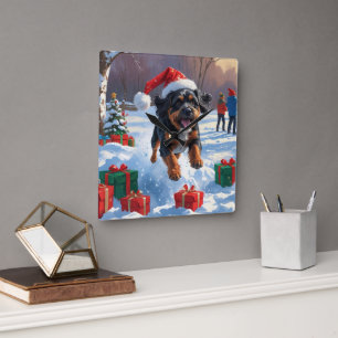 Bouviers des Flandres Weihnachtsfest Schneeszene Quadratische Wanduhr