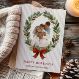 Bow and Greenery Oval Frame Holiday Photo Card Einladung