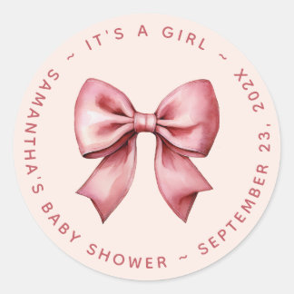 Bow Baby Shower Blush Pink & Red It's a Girl Runder Aufkleber