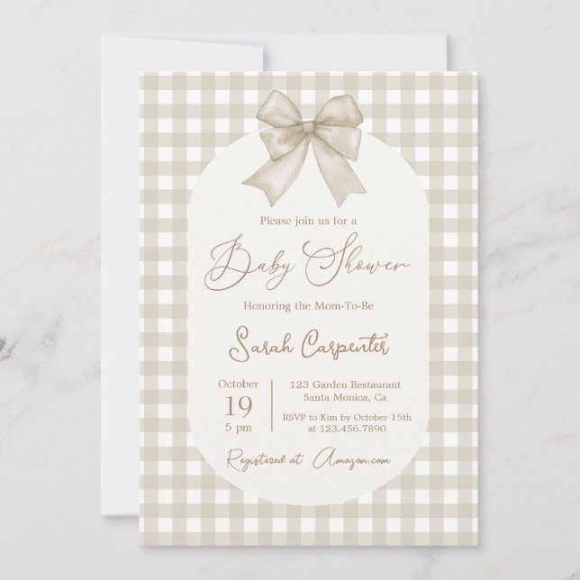 Bow Baby Shower Neutral Einladung mit Buggelenk (Vorderseite)