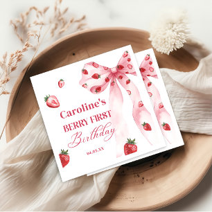 Bow Berry First Strawberry Birthday Napkins Serviette