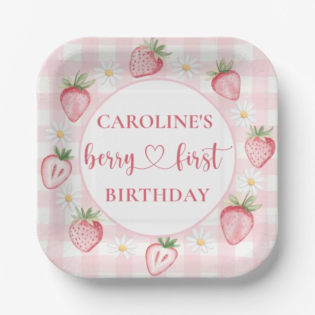 Bow Berry First Strawberry Birthday Paper Tellers Pappteller (Vorderseite)