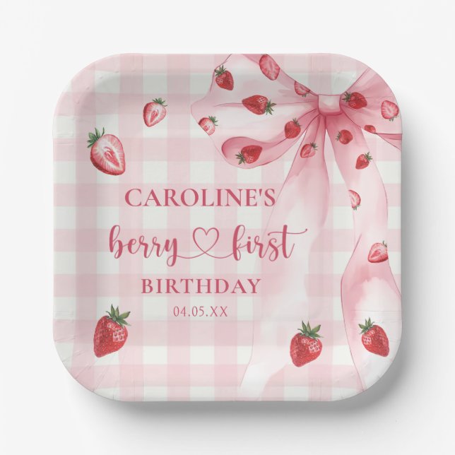 Bow Berry First Strawberry Birthday Paper Tellers Pappteller (Vorderseite)
