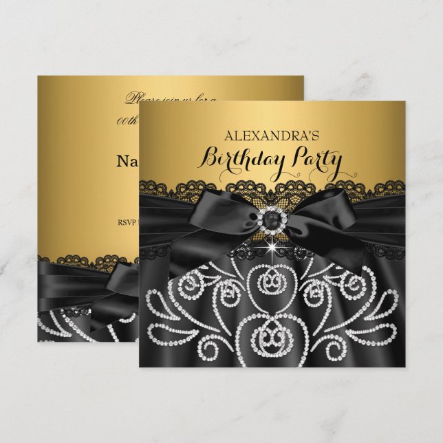Bow Black Lace Gold Imitate Diamond Birthday Party Einladung (Vorne/Hinten)