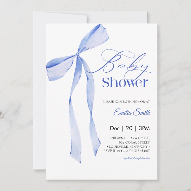  Bow Blue boy Baby shower Einladung (Vorderseite)