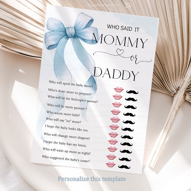 Bow Blue maman ou papa Baby shower carte de jeu (Bow Blue Mommy or Daddy Baby Shower Game Card)
