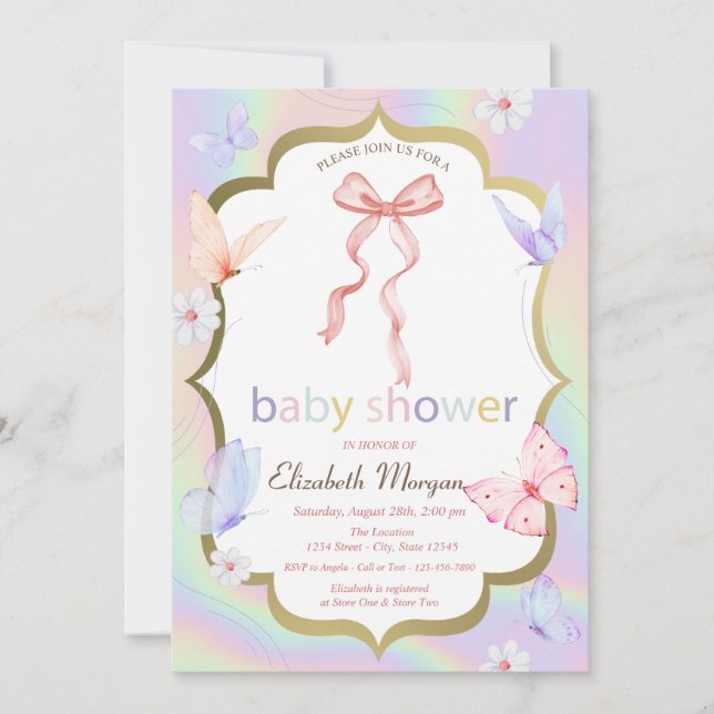 Bow Blume Butterflies Holographic Baby Shower Einladung (Vorderseite)