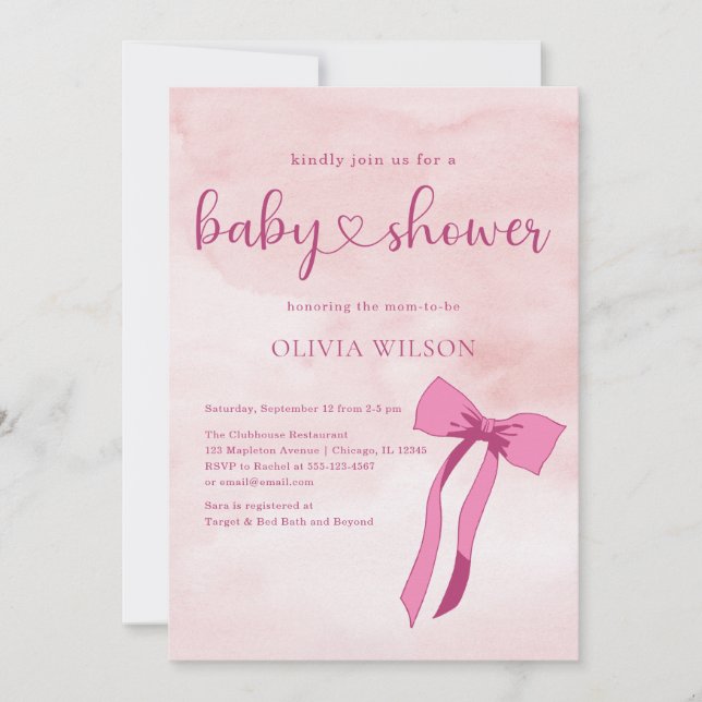 Bow Blush Pink Aquarell Ribbon Babydusche Einladung (Vorderseite)