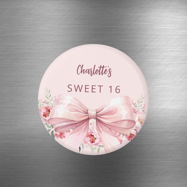 Bow blush pink flowers roses Sweet 16 Magnet (Von Creator hochgeladen)