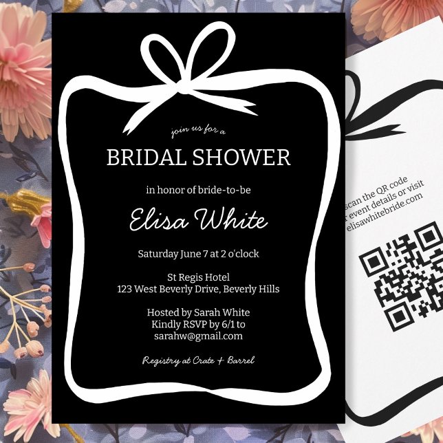 BOW-Brautparty-Multifunktionsleisten-QR-Code Einladung (Bow Ribbon Frame Bridal Shower CUSTOM QR Code Invitation Black and White Elegant Minimal SImple)