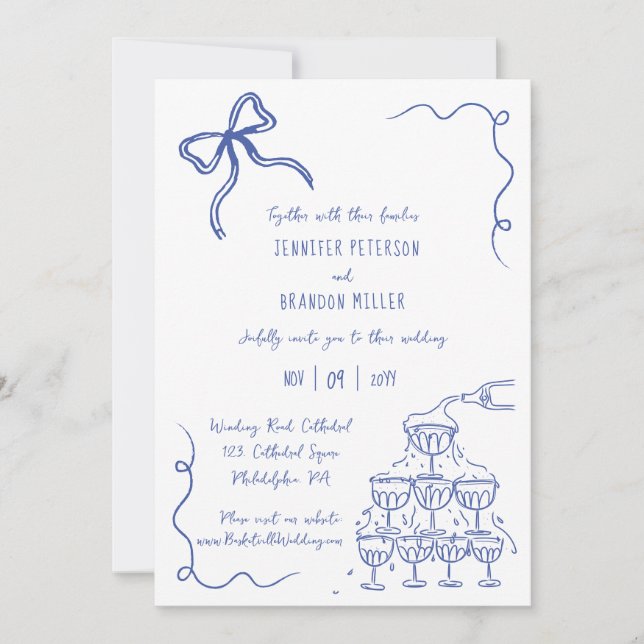 Bow Champagne Turm quirky Hochzeit blau Einladung (Vorderseite)