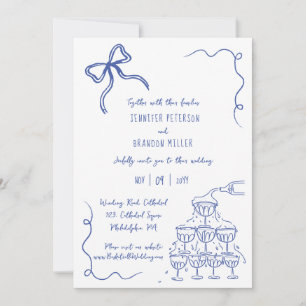 Bow Champagne Turm quirky Hochzeit blau Einladung