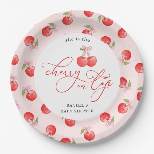 Bow Cherry auf der Top Baby Girl Shower Pappteller (Vorderseite)