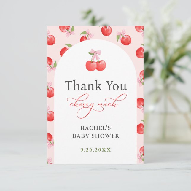 Bow Cherry auf Top Baby Girl Dusche Danke Karte (Stehend Vorderseite)