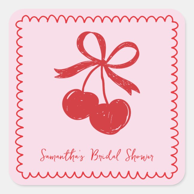 Bow Cherry Pink & Red Hand Drawing Brautparty Quadratischer Aufkleber (Vorderseite)