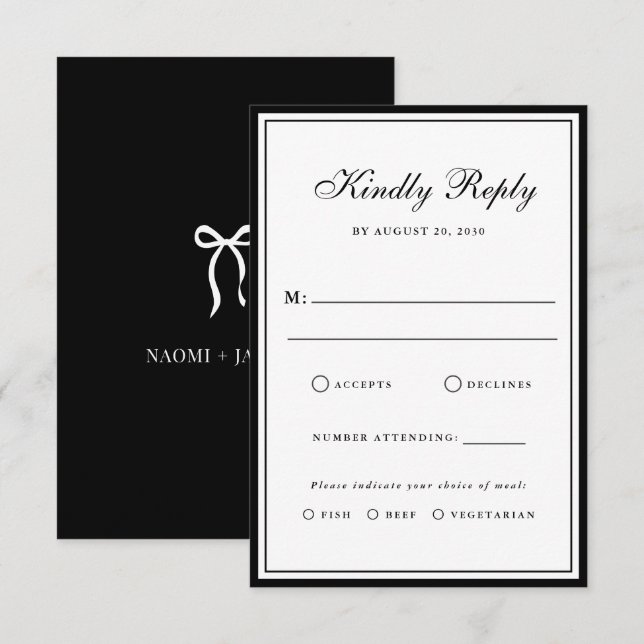 Bow Classic Old Money Black & White Wedding RSVP Karte (Vorne/Hinten)