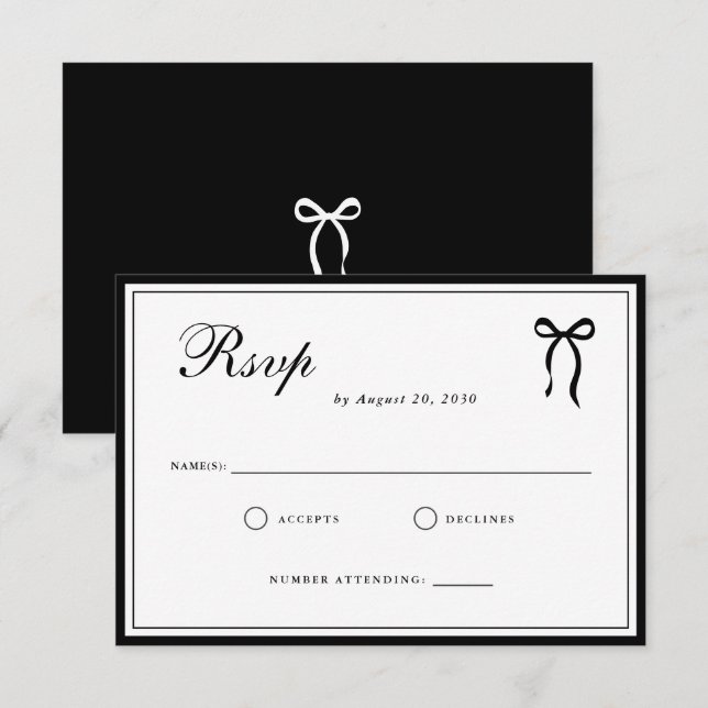 Bow Classic Old Money Black & White Wedding RSVP Karte (Vorne/Hinten)