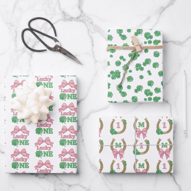 Bow Clover Lucky One Girl 1st Birthday Monogram Geschenkpapier Set (Vorderseite)