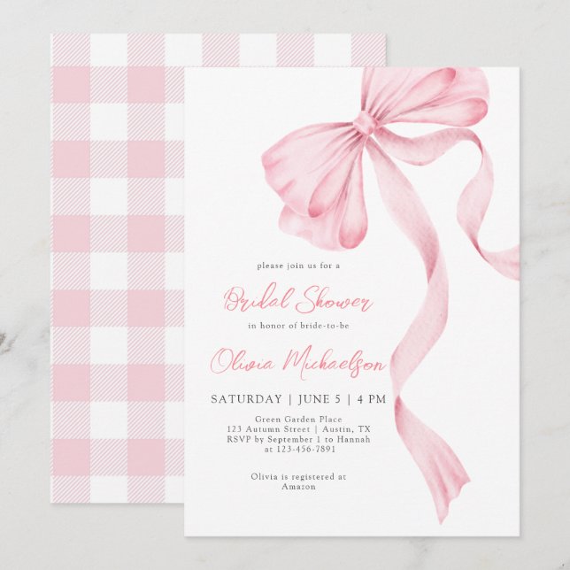 Bow Coquette Blush Kariert rosa Ribbon Brautparty Einladung (Vorne/Hinten)