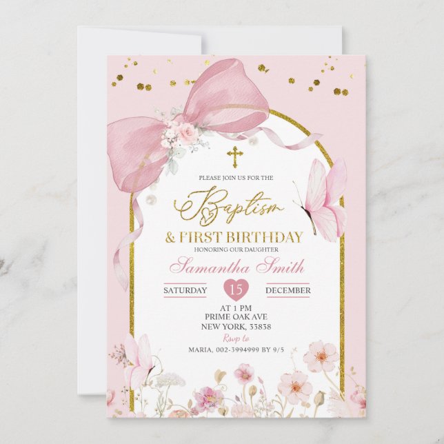 Bow Coquette Blush Pink Baptism & 1st Birthday Einladung (Vorderseite)