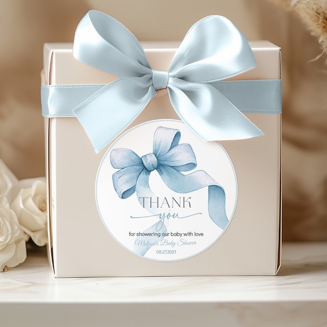 Bow Coquette Boy Babydusche Runder Aufkleber (Blue bow Coquette boy baby shower personalized sticker)