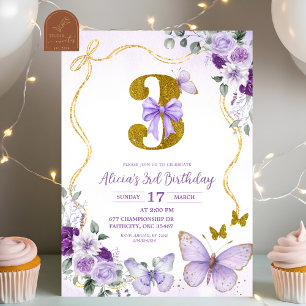 Bow Coquette Lila Schmetterling Dritter Geburtstag Einladung