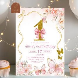 Bow Coquette Pink Butterfly First Birthday Einladung