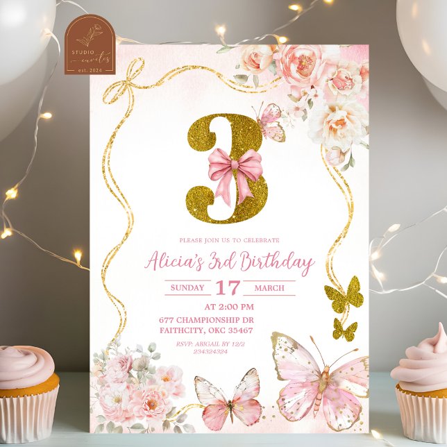 Bow Coquette Pink Butterfly Third Birthday Einladung (Von Creator hochgeladen)