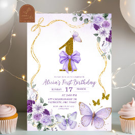 Bow Coquette Purple Butterfly First Birthday Einladung