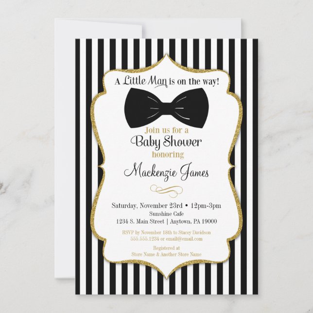 Bow Cravate Boy Baby shower Invitation Black Gold (Devant)