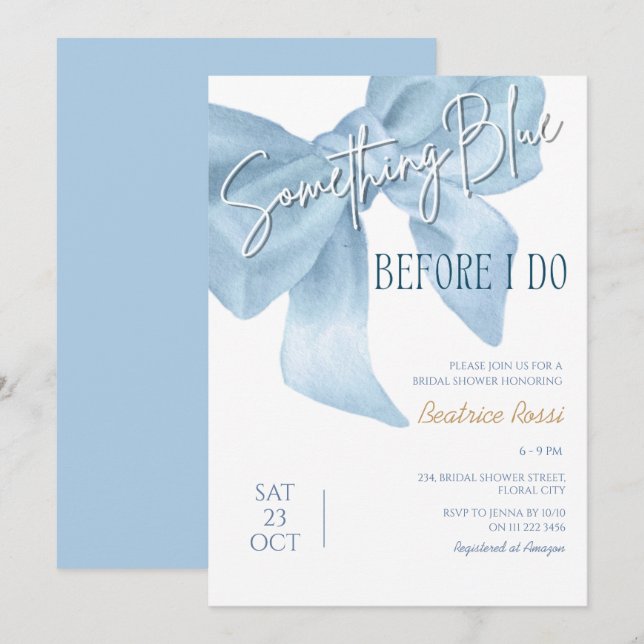Bow Etwas Blue Dusty Minimalistisches Brautparty Einladung (Vorne/Hinten)