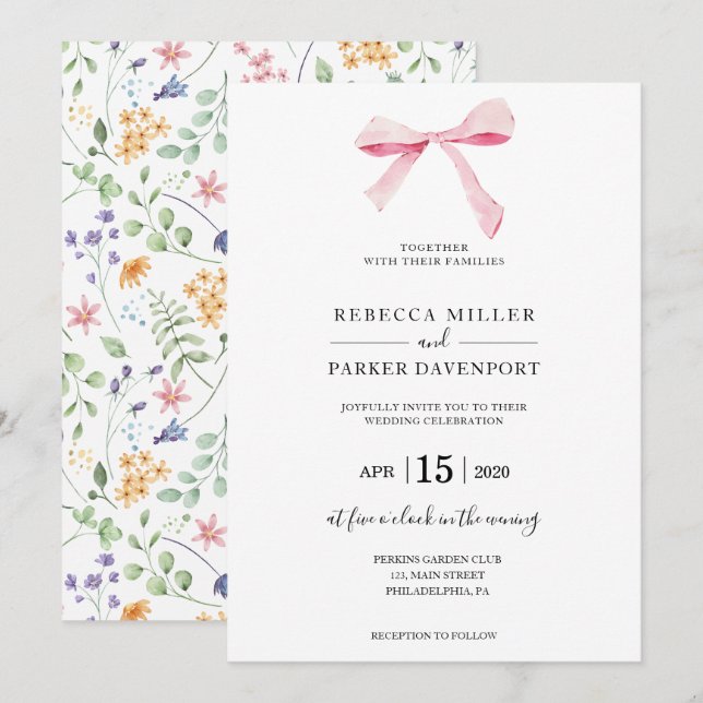 Bow floral elegante trendy Wedding Einladung (Vorne/Hinten)