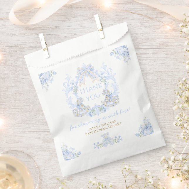 Bow Floral Wappen Rustic Blue Boy Baby Dusche Geschenktütchen (Ausgeschnitten)