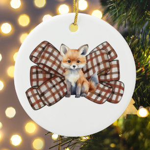 Bow Fox Niedlich Watercolor Whimsisches Weihnachts Keramik Ornament