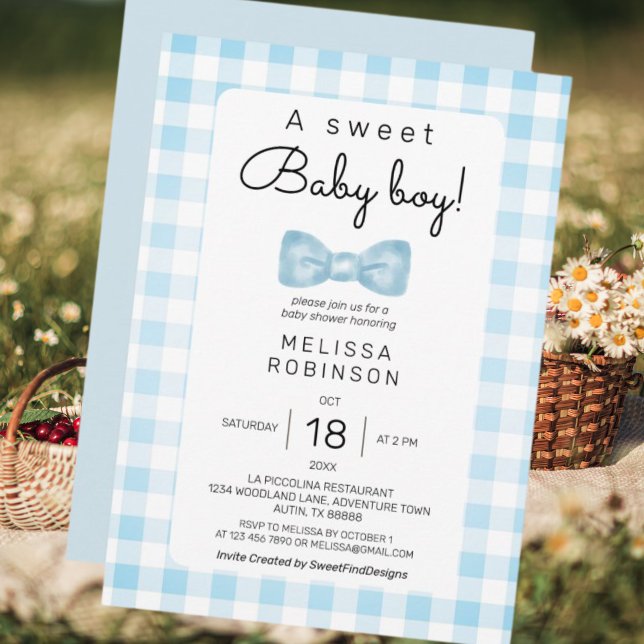 Bow Gingham Baby Boy Shower Einladung (Bow Gingham Baby Boy Shower Invitation)