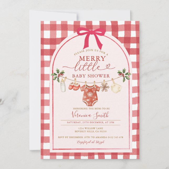 Bow Gingham Clothesline Merry Little Baby Shower Einladung (Vorderseite)