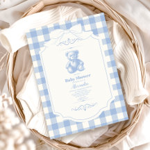 Bow Gingham French Teddy Bear Baby Shower