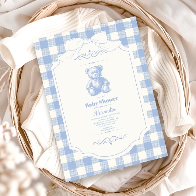 Bow Gingham French Teddy Bear Baby Shower Einladung (Von Creator hochgeladen)