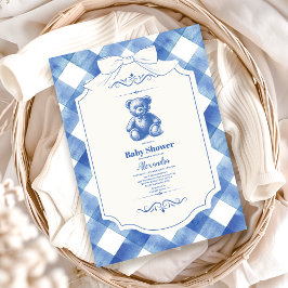 Bow Gingham French Teddy Bear Baby Shower Einladung