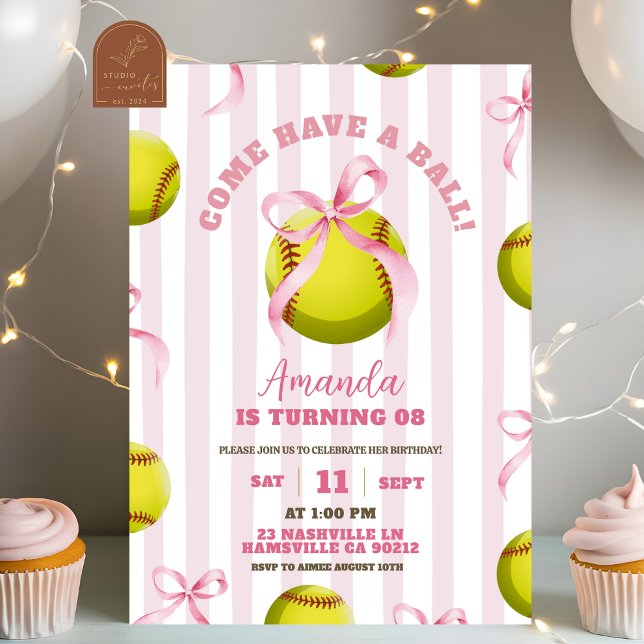 Bow Girl Softball Birthday Game time Einladung (Von Creator hochgeladen)