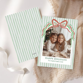 Bow Green Stripe Christmas Photo Holiday Card Feiertagskarte