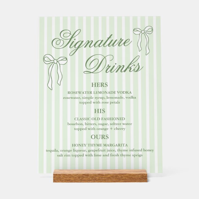 Bow Green Wedding Signature Drinks Cocktails Acrylschild (Vorderseite)
