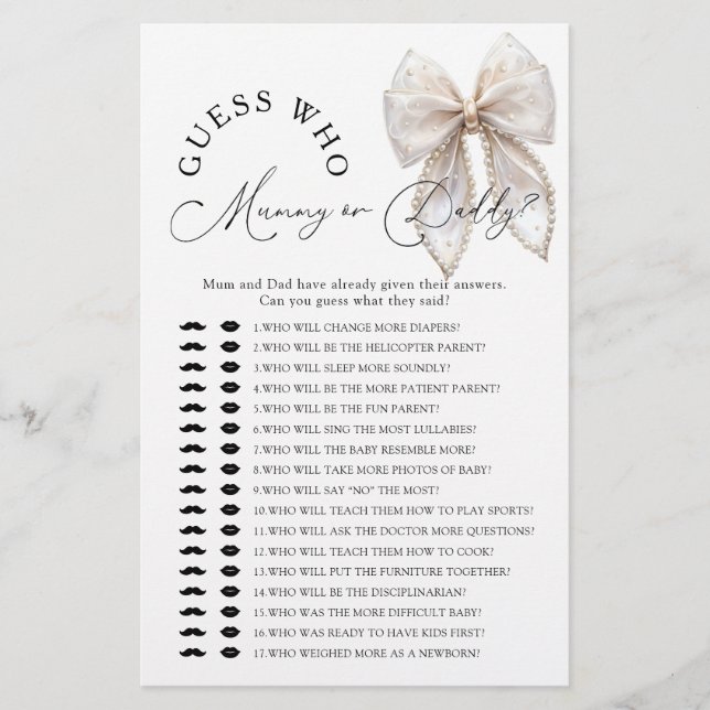 Bow Guess Who Mommy or Daddy Baby Shower Game (Vorderseite)