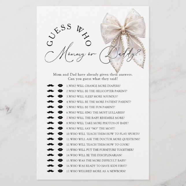 Bow Guess Who Mommy or Daddy Baby Shower Game (Vorderseite)