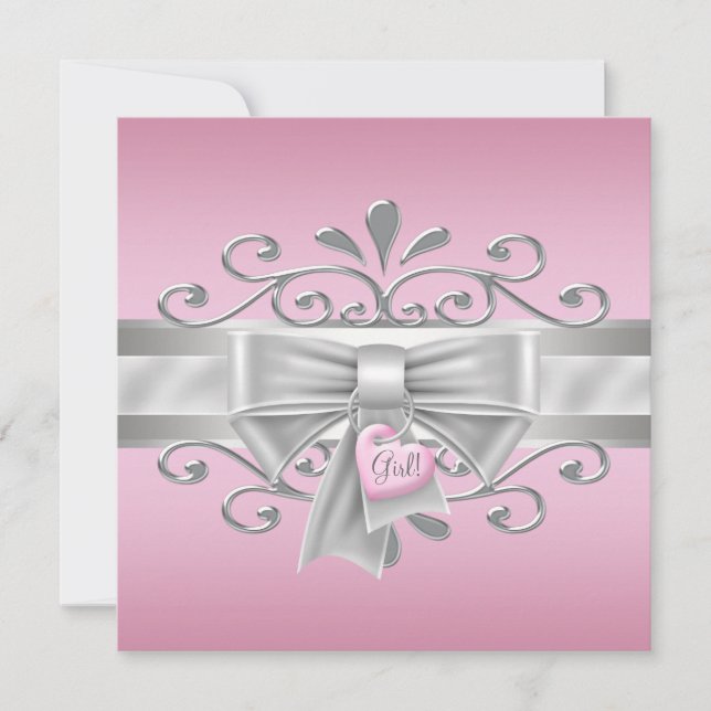 Bow Heart Charm Pink Silver Baby Girl Dusche Einladung (Vorderseite)