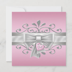 Bow Heart Charm Pink Silver Baby Girl Dusche Einladung