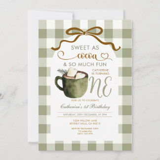 Bow Hot Cocoa 1st birthday Sage Green Gingham Einladung